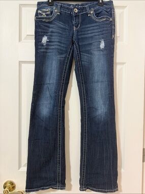 Amethyst Jeans Dark Blue Distressed Flare Jeans